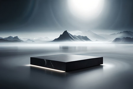 Black podium on the background of the night landscape. 3D renderingの素材