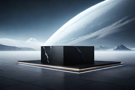 Black podium on the background of the planet. 3D rendering.の素材