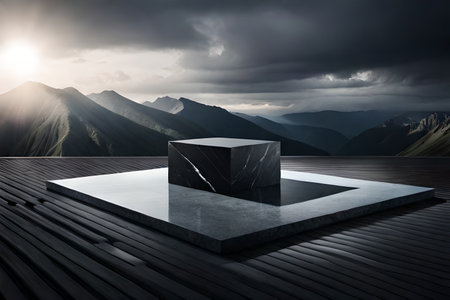 Black granite pedestal on a dark background. 3d rendering.の素材
