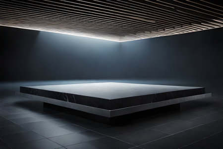 Modern concrete black marble pedestal podium platform in empty room. Mock-up, 3D Renderingの素材