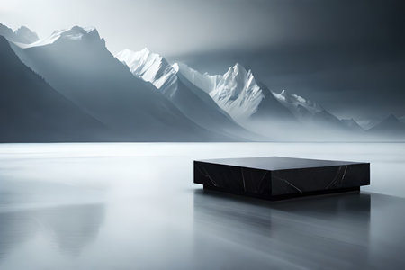Black marble pedestal on a lake with mountains in the background.の素材