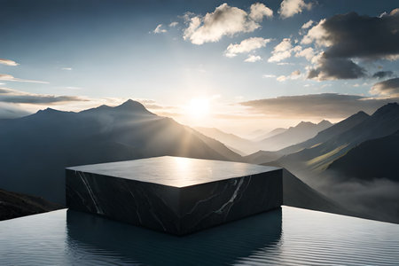 Mountain landscape with a stone black marble pedestal podium on the foreground. 3d renderingの素材