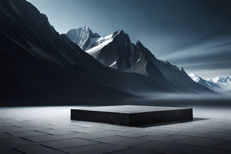 Stone podium on the background of snowy mountains. 3D rendering.の素材