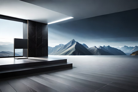 Contemporary interior with panoramic view of mountains. black marble pedestal podium 3D Renderingの素材