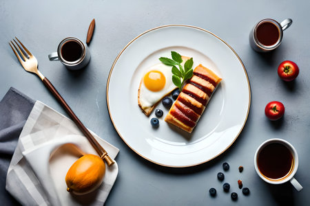 Crepes with fried egg and blueberry on a gray backgroundの素材