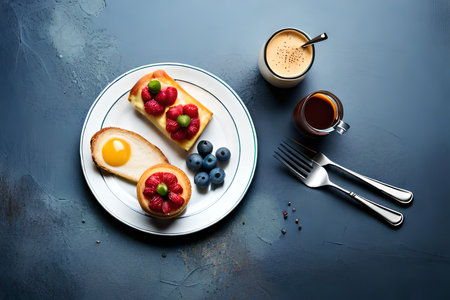 Breakfast with coffee and toast on a dark background, top viewの素材
