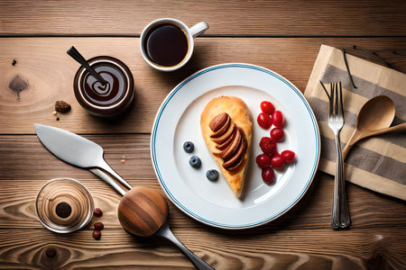 Delicious buns with berries and cup of coffee on wooden tableの素材