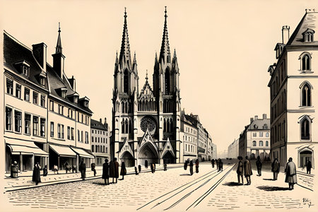 St. Vitus Cathedral in Prague, Czech Republic. Black and white drawingの素材