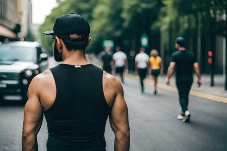 muscular man in cap and t-shirt running on city streetの素材