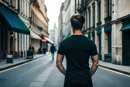 young man in black t-shirt walking down the street in the city, back viewの素材
