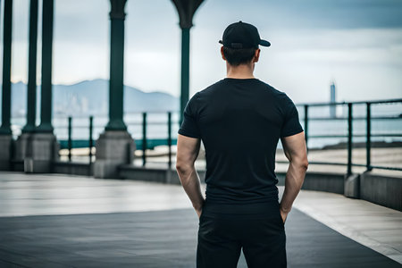 Rear view of a young man wearing a black t-shirt and cap standing by the seaside promenadeの素材