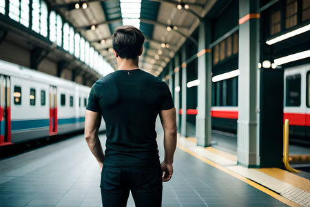 Young man waiting for a train at the platform of a railway stationの素材