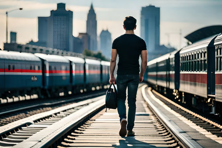 Rear view of young man with handbag standing on railway tracks.の素材