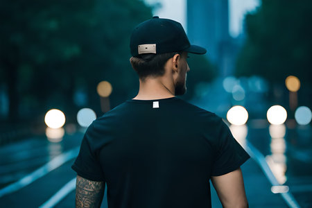 back view of young man in cap and t-shirt walking on street at nightの素材