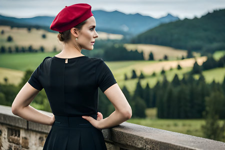 Beautiful young woman in red beret and black dress posing on the balcony in the mountains.の素材