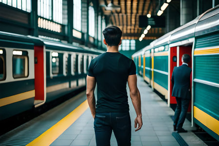 back view of a young man standing at the platform of a train stationの素材