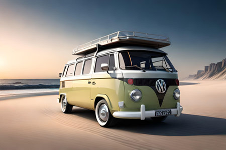 Vintage camper van on the beach at sunset. 3d renderingの素材