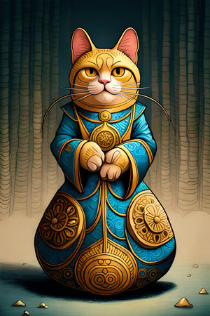 cute cartoon cat in a blue dress with a pattern on his bodyの素材