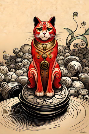 Illustration of a red cat sitting on a pedestal in the pondの素材