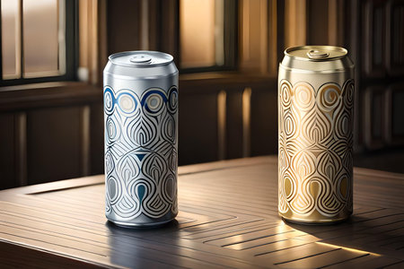 Aluminum cans on a wooden table in a cafe. 3d renderingの素材