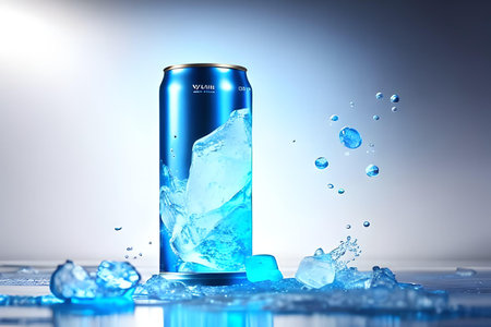 Blue aluminum can with ice cubes on a blue background. 3d renderingの素材