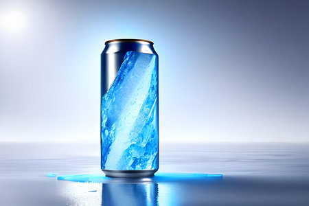 Aluminum can with ice on blue background. 3D illustration.の素材