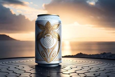 Aluminum can on wooden table with sunset sky and sea background.の素材