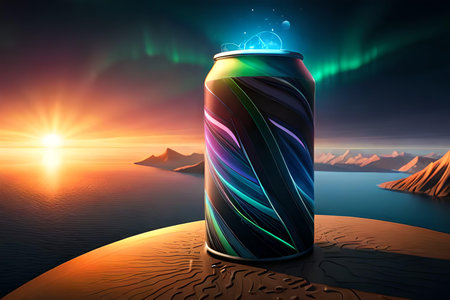 Drink can on the beach at sunset. 3d illustration.の素材