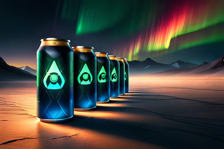 Aluminum cans in desert with aurora borealis in the backgroundの素材
