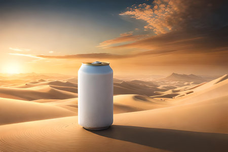 Drink can on sand dunes in desert. 3d renderingの素材