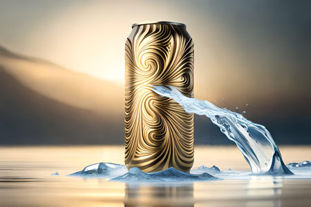Water splashing from a can of soda. 3d illustration.の素材