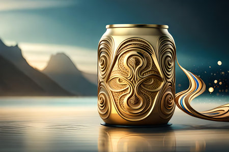 Golden can of beer on the background of mountains. 3d illustrationの素材