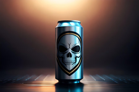 Closeup of aluminum beer can with skull logo on black backgroundの素材