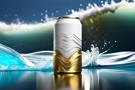 Cans of beer with splashes and waves. 3d illustrationの素材