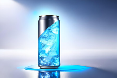 Aluminum can with ice cubes on blue background. 3d illustrationの素材