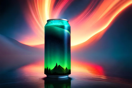 Aluminum can of energy drink on colorful background. 3d illustrationの素材