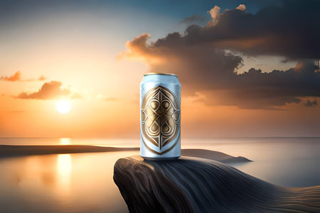 Aluminum can with beer on the beach at sunset. 3d renderingの素材