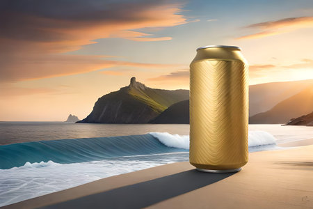 Golden can of beer on the beach at sunset. 3D renderingの素材