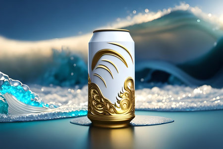 Beer can mockup on blue background. 3D rendered illustration. white gold and seaの素材