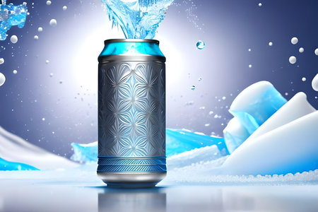 Aluminum can with water splashes on blue frozen background 3D renderingの素材