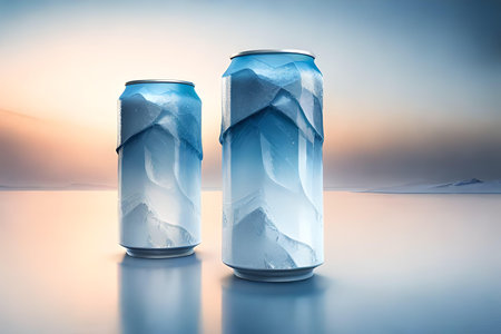 Aluminum cans with ice on sunset background. 3D rendering.の素材