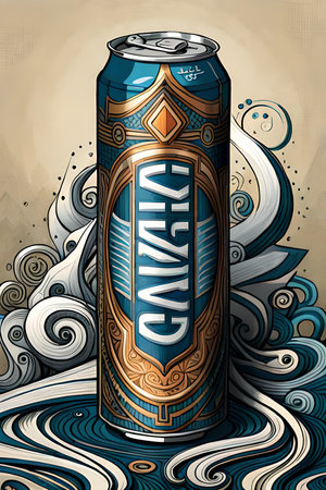 Illustration of a can of beer with abstract hand drawn background.の素材