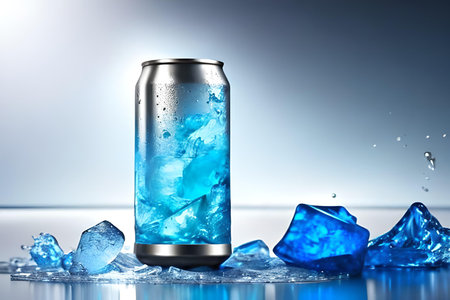 Cold drink can with ice cubes on blue background. 3d renderingの素材