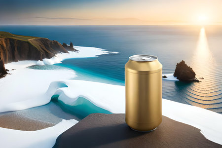 Can of beer on the background of the sea. 3d renderingの素材