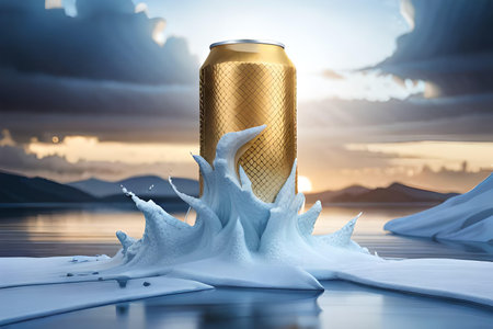 golden beverage can drink mockup advertising template with splashes of ice. 3d renderingの素材