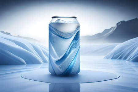 Aluminum beverage can drink mockup advertising template with ice on northpole background. 3D illustration.の素材