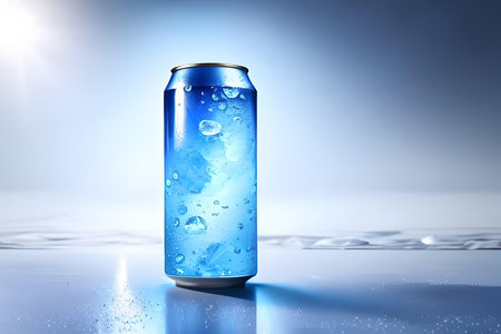 Blue soda can with ice cubes on blue background. 3d renderingの素材