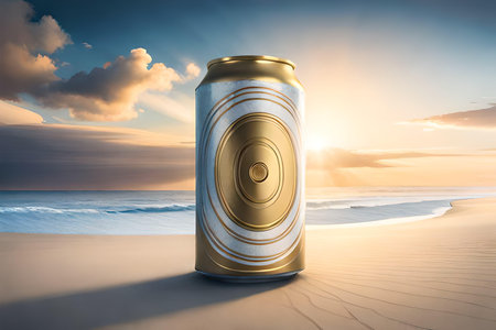 Aluminum can of beer on the beach at sunset. 3d renderingの素材