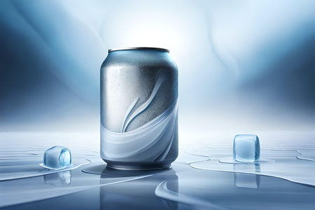 Aluminum beverage can drink mockup advertising template with ice cubes on blue background. 3d renderingの素材