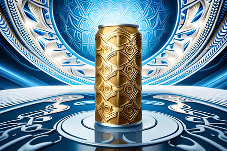 3d illustration of Aluminum beverage can drink mockup advertising templater with geometric pattern on blue background.の素材